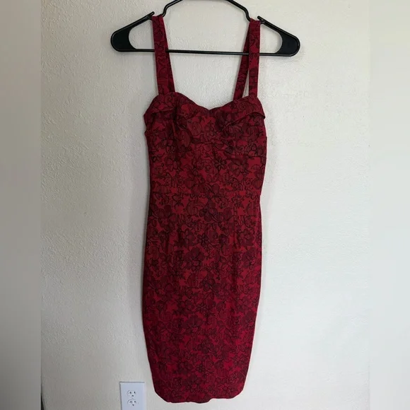 DIXIEFRIED Pinup Retro Red with Black Lace Print Pencil/Wiggle Dress - Picture 1 of 7